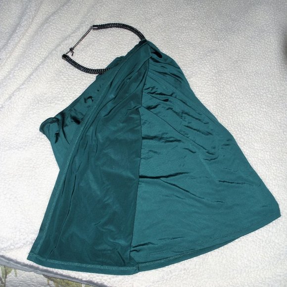 BEBE soft dark green halter top gunmetal chain hoop neck closure - Picture 2 of 7